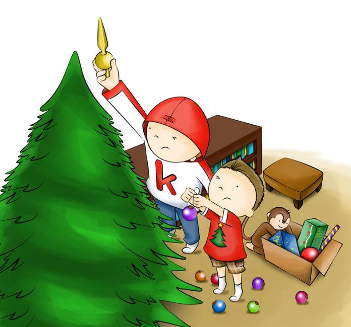 Job en Jelle bij de kerstboom